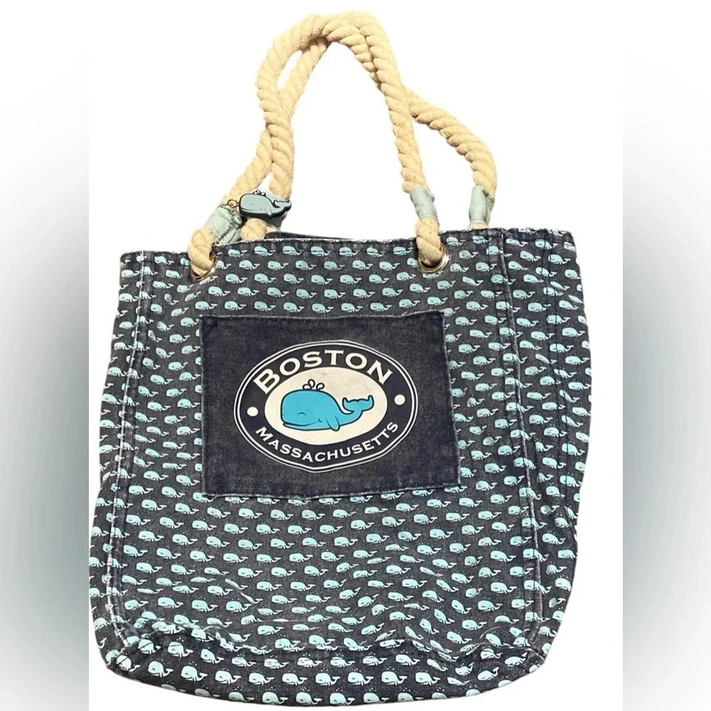 Boston Mass bag denim material cute whale key chain large pocket in front - Picture 1 of 4